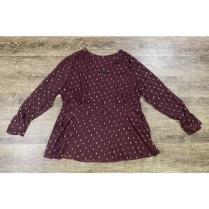 LANE BRYANT Maroon Gold Chiffon Lined Long Sleeve V Neck Top Women's Size 22